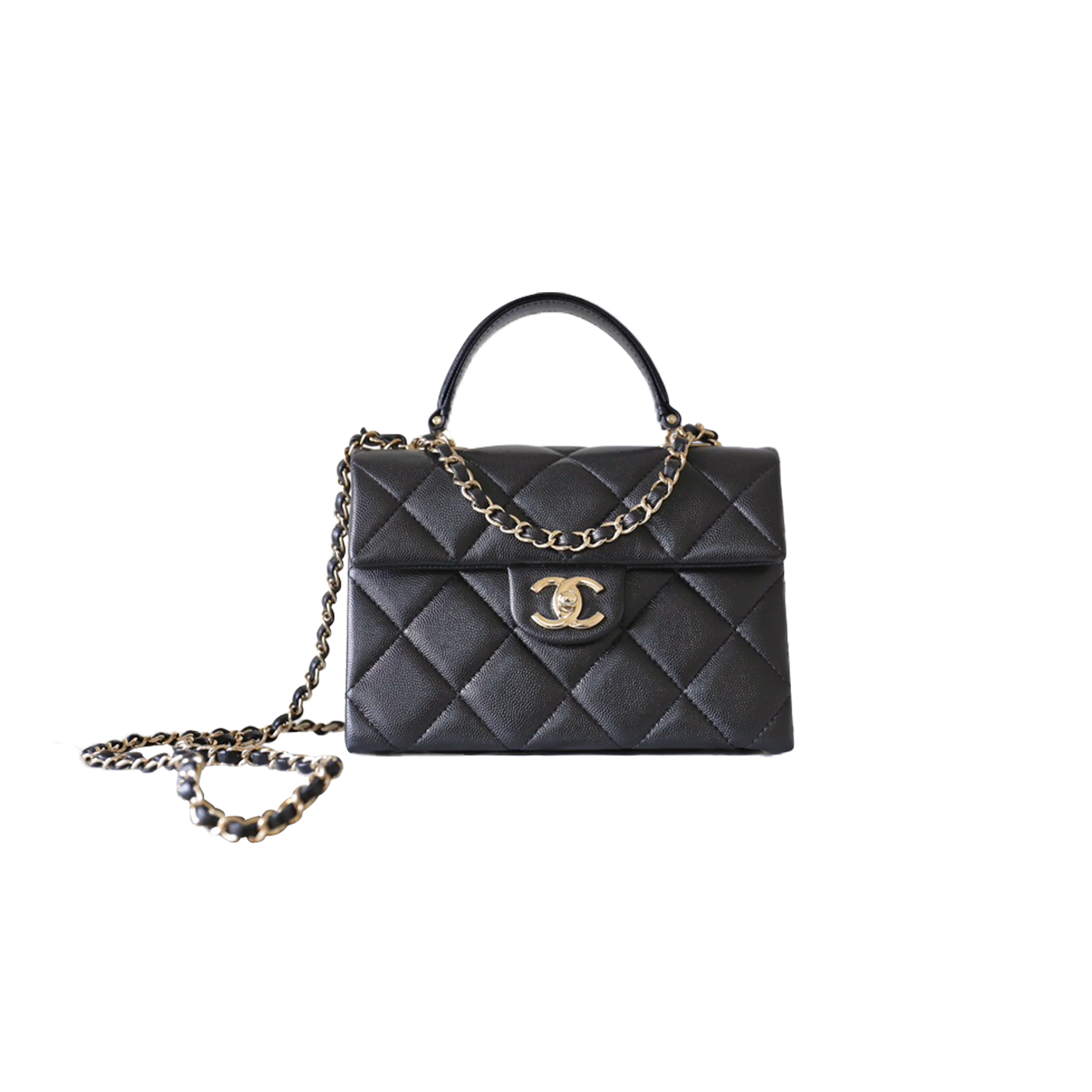 Ch*el master black quilted caviar leather kelly top handle flap bag (21*16*9.5cm)